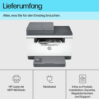 'Lieferumfang' beschreibt die enthaltenen Elemente: HP LaserJet MFP M234sdn, Netzkabel, sowie Informationen zu Produkt, Installation und Support.