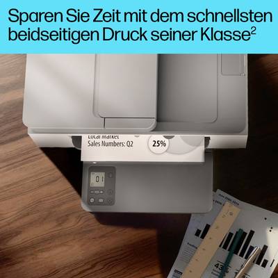 'Drucker druckt beidseitig ein Dokument. Text: "Sparen Sie Zeit mit dem schnellsten beidseitigen Drucker seiner Klasse".'
