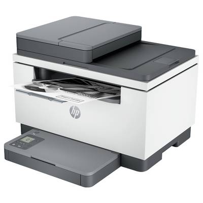 Ein geöffneter Drucker mit Scannerfunktion in weiß und grau. Das HP-Logo befindet sich an der Vorderseite des Geräts.