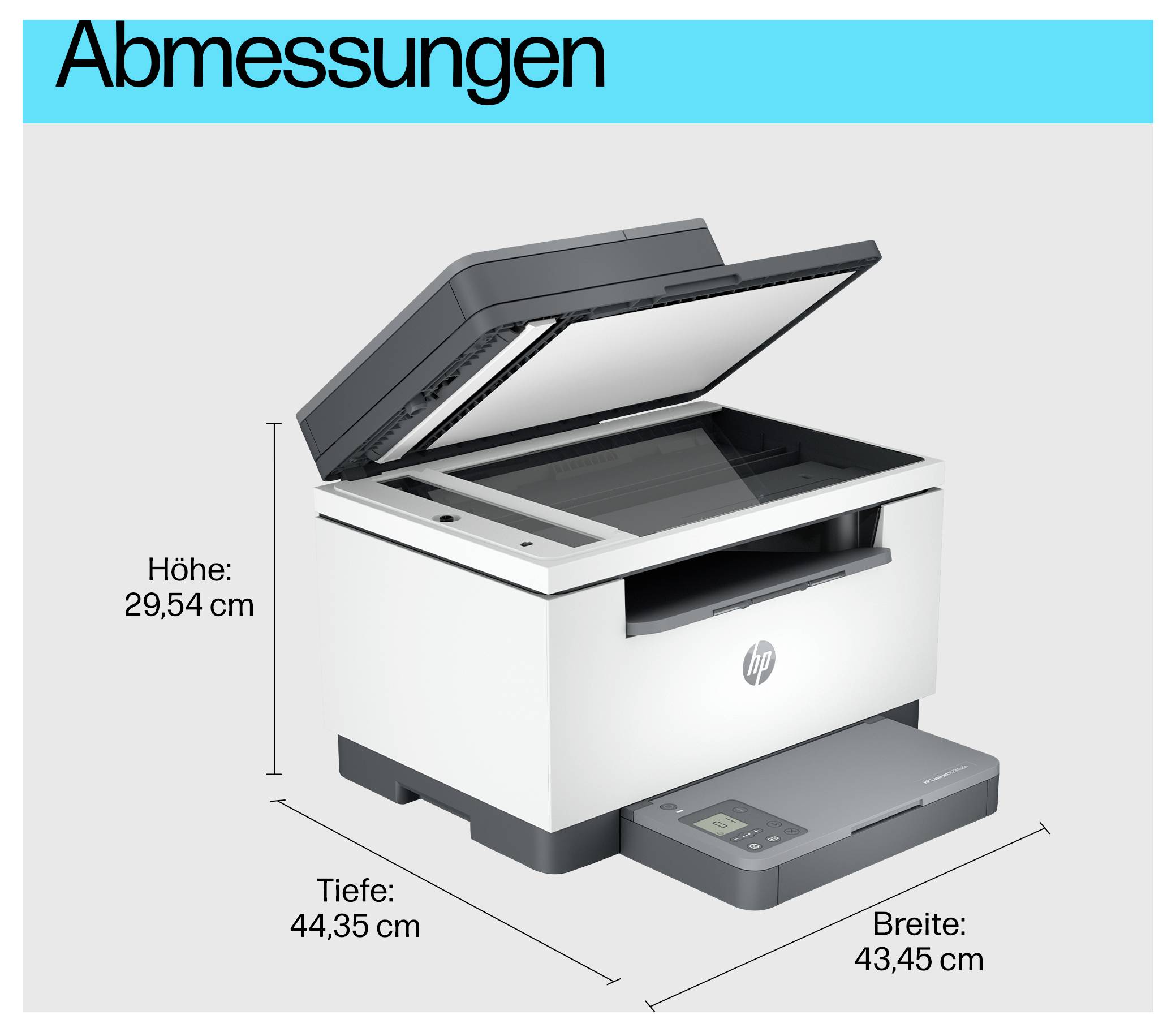 Abmessungstabelle eines HP-Druckers mit Höhe 29,54 cm, Tiefe 44,35 cm und Breite 43,45 cm.