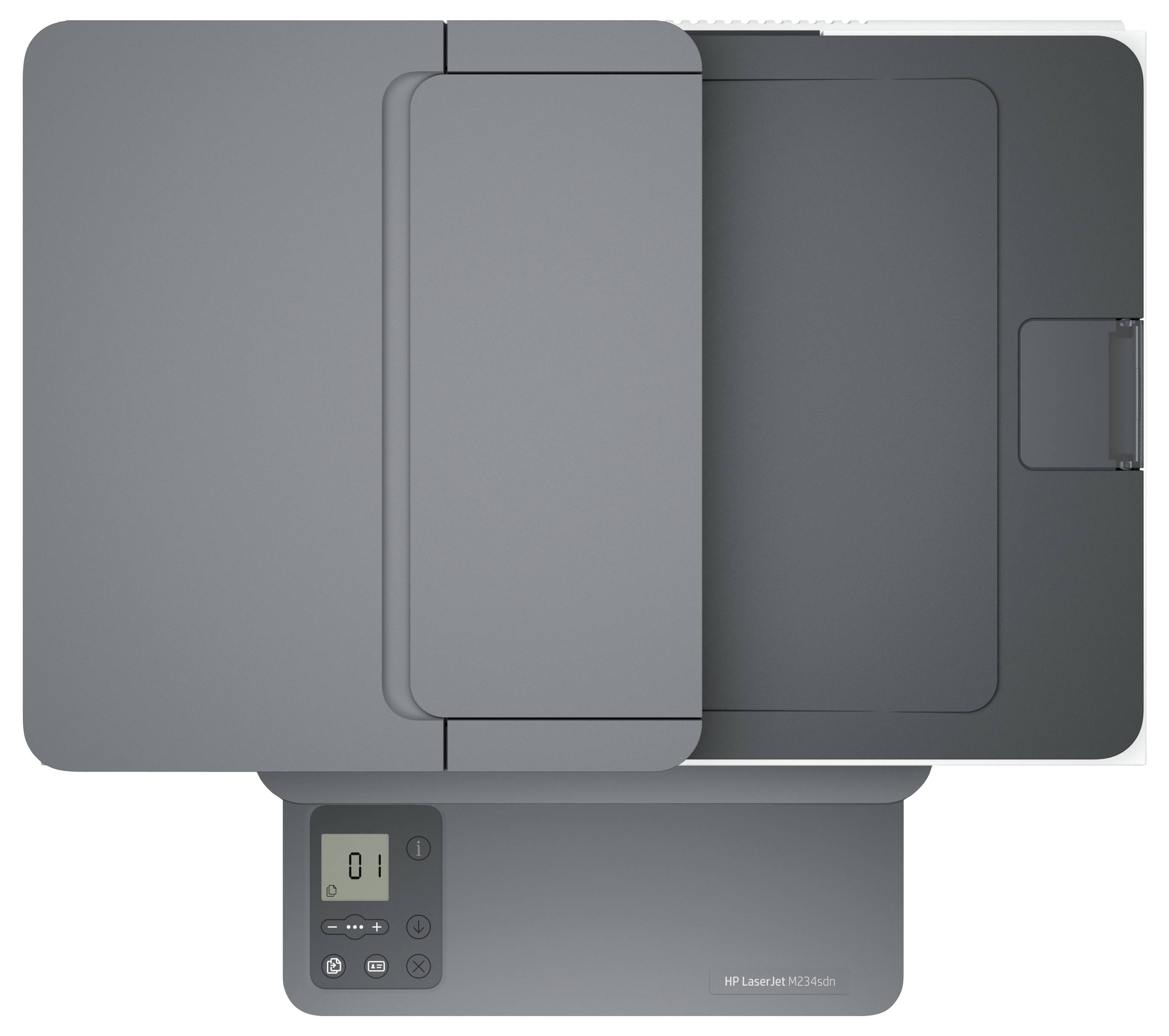 Ein grauer Multifunktionsdrucker/Kopierer von oben fotografiert mit sichtbarem Papierfach und Bedienfeld.