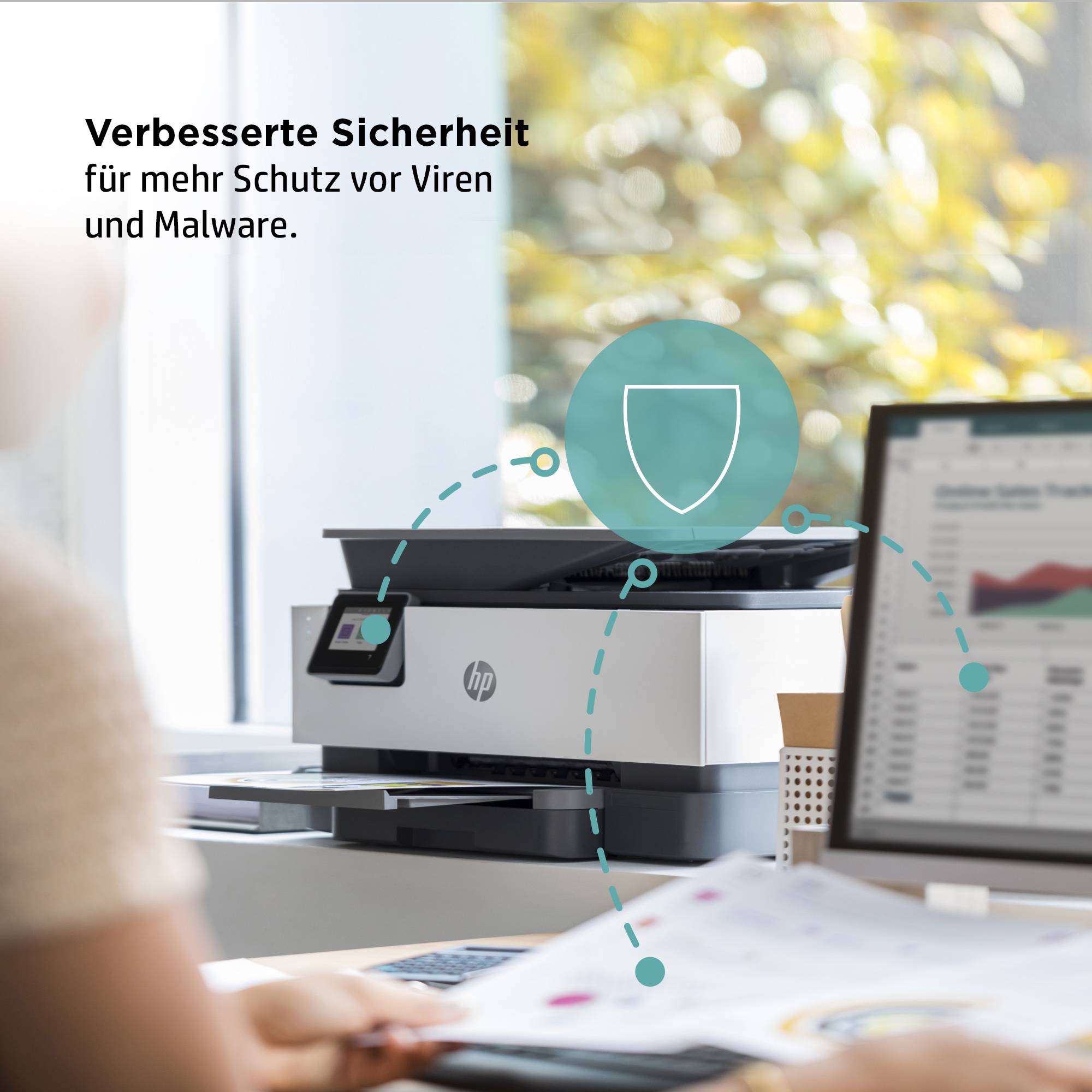 'Verbesserte Sicherheit für mehr Schutz vor Viren und Malware.' Grafik zeigt Drucker mit Symbolen für Schutzmaßnahmen.