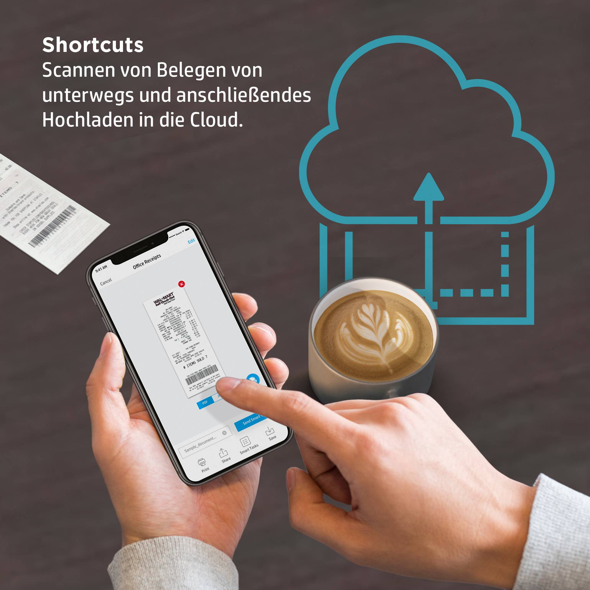 'Ein Handy scannt einen Beleg. Text: Shortcuts - Scannen von Belegen von unterwegs und anschließendes Hochladen in die Cloud.'