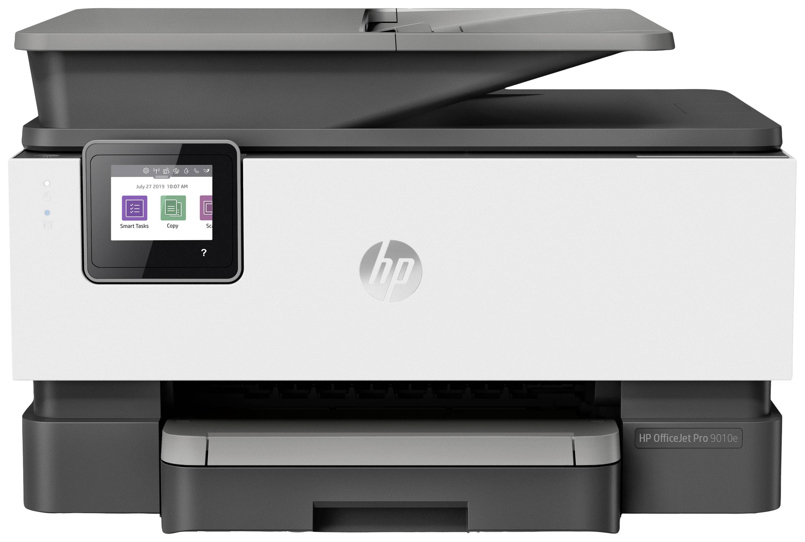 Ein weißer Multifunktionsdrucker mit einem kleinen Display auf der linken Seite, zeigt Optionen für Scannen, Kopieren und Drucken.