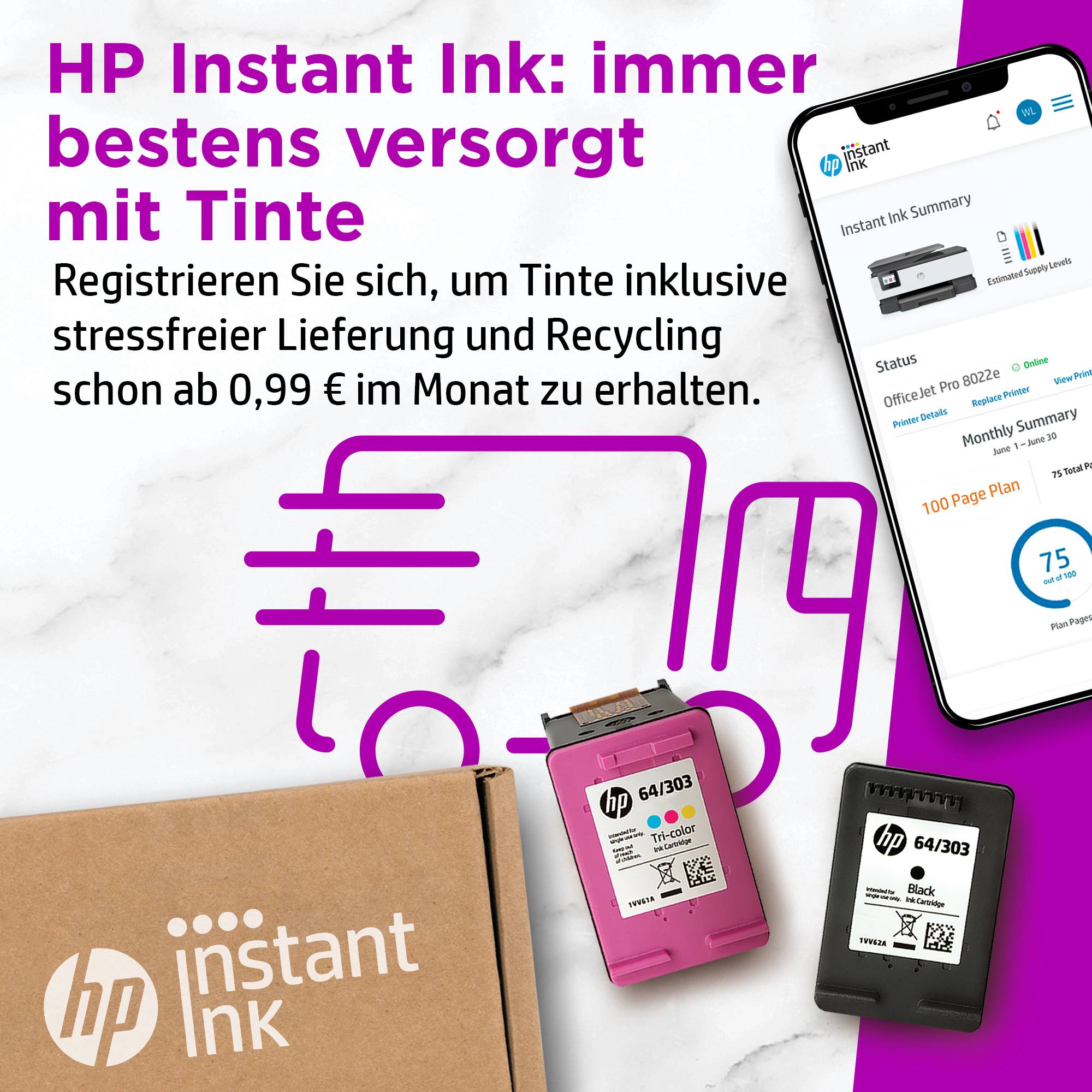 'HP Instant Ink: immer bestens versorgt mit Tinte' steht über der Abbildung von HP-Druckerpatronen. Ein Smartphone zeigt den Bestellstatus.