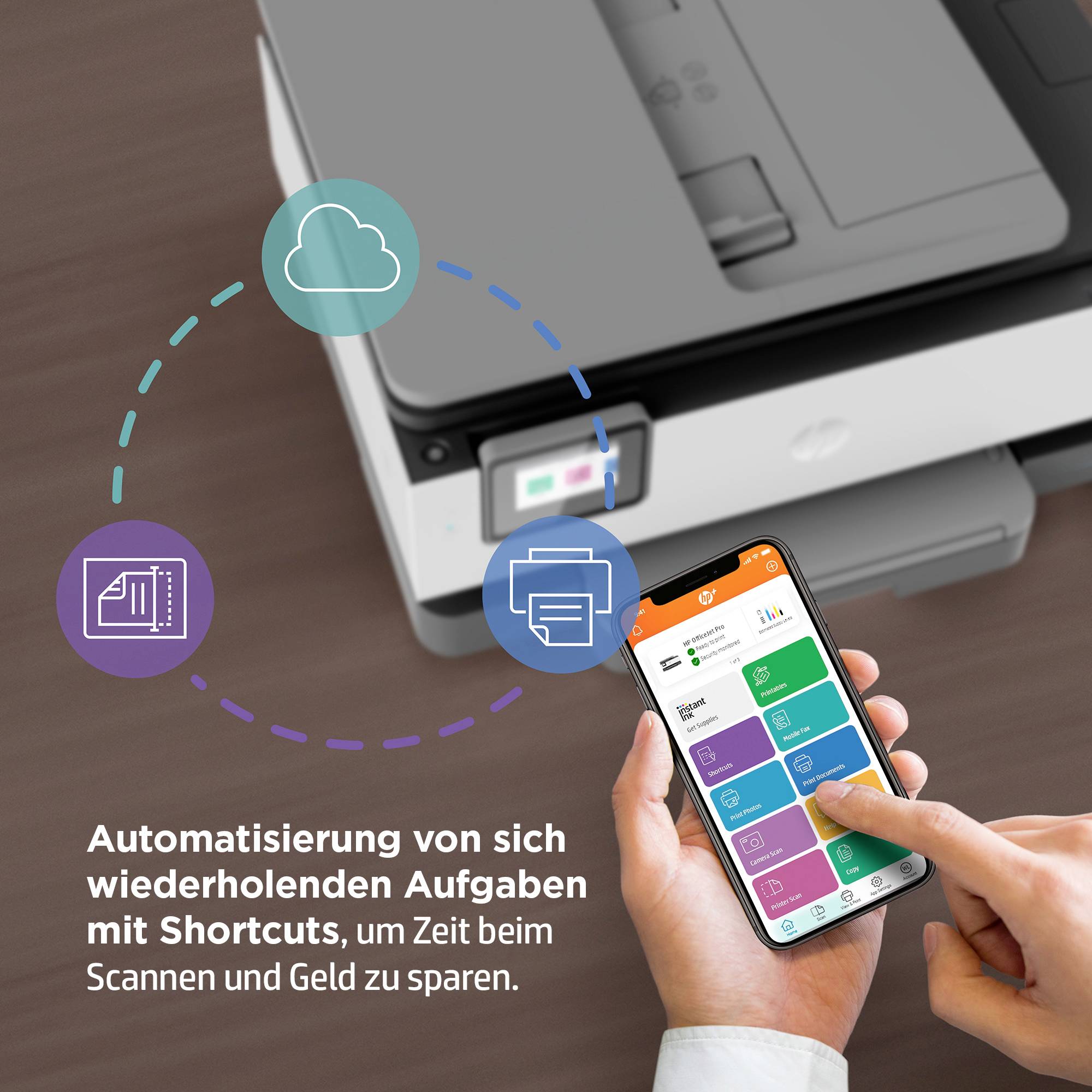 Eine Person hält ein Smartphone vor einem Drucker. Auf dem Smartphone sind bunte Apps zu sehen. Text: 'Automatisierung von sich wiederholenden Aufgaben mit Shortcuts'.