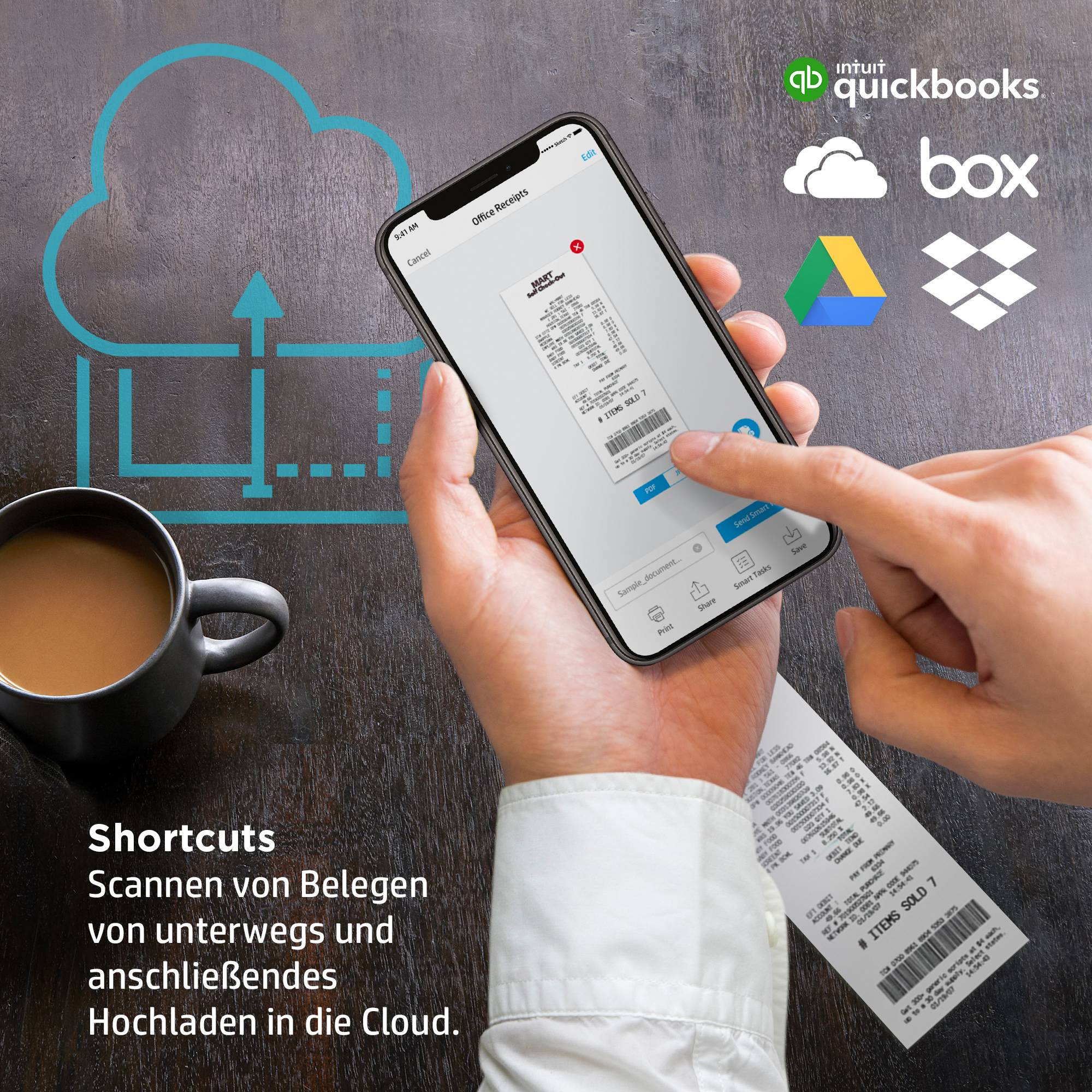 Eine Person scannt einen Beleg mit einem Smartphone für das Hochladen in die Cloud. Symbole von QuickBooks, Google Drive, Box und Dropbox sind zu sehen. Eine Tasse Kaffee steht daneben.