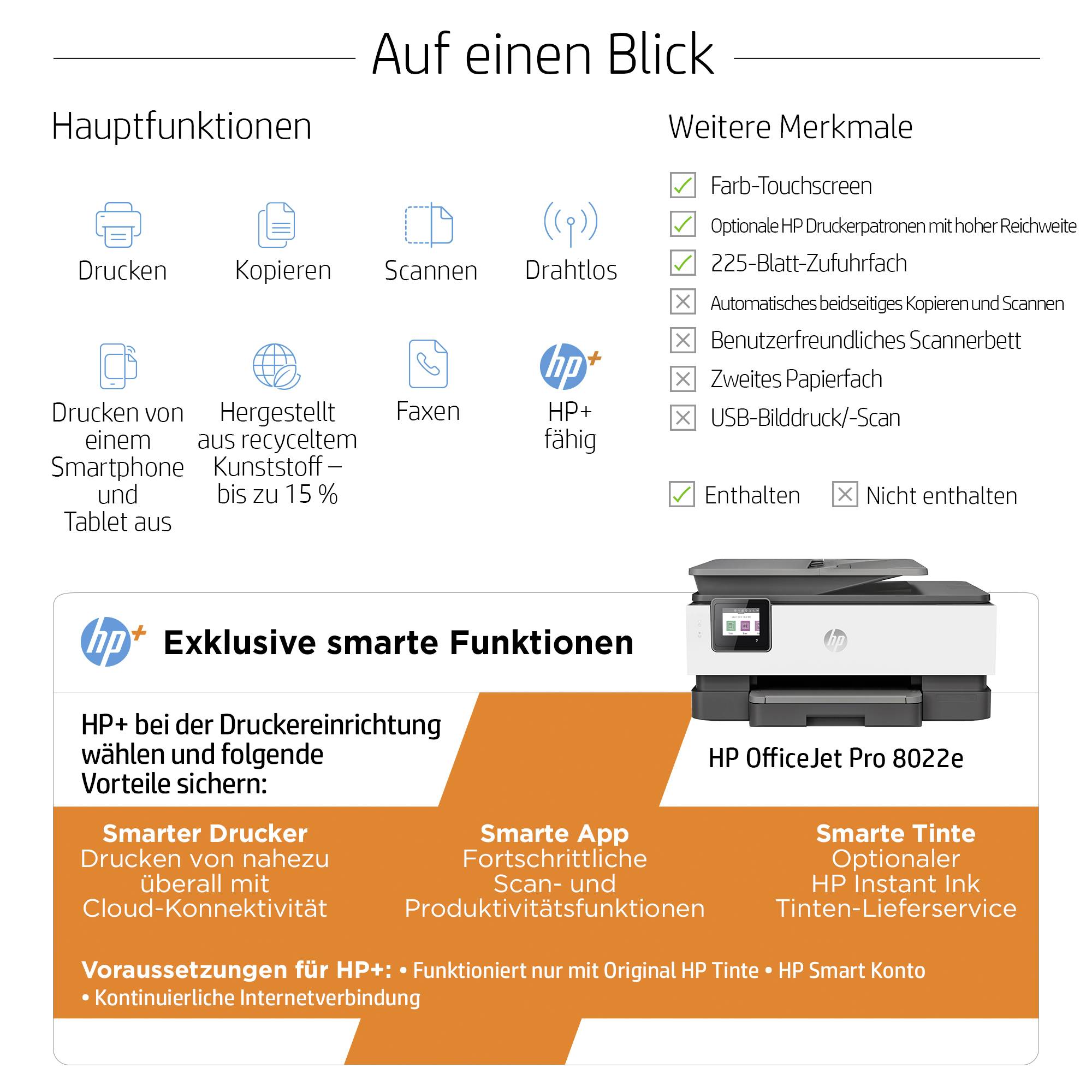 'HP OfficeJet Pro 8022e Drucker: Hauptfunktionen wie Drucken, Kopieren, Scannen; Farbtouchscreen, kabelloses Drucken und Farb-Duplexdruck.'