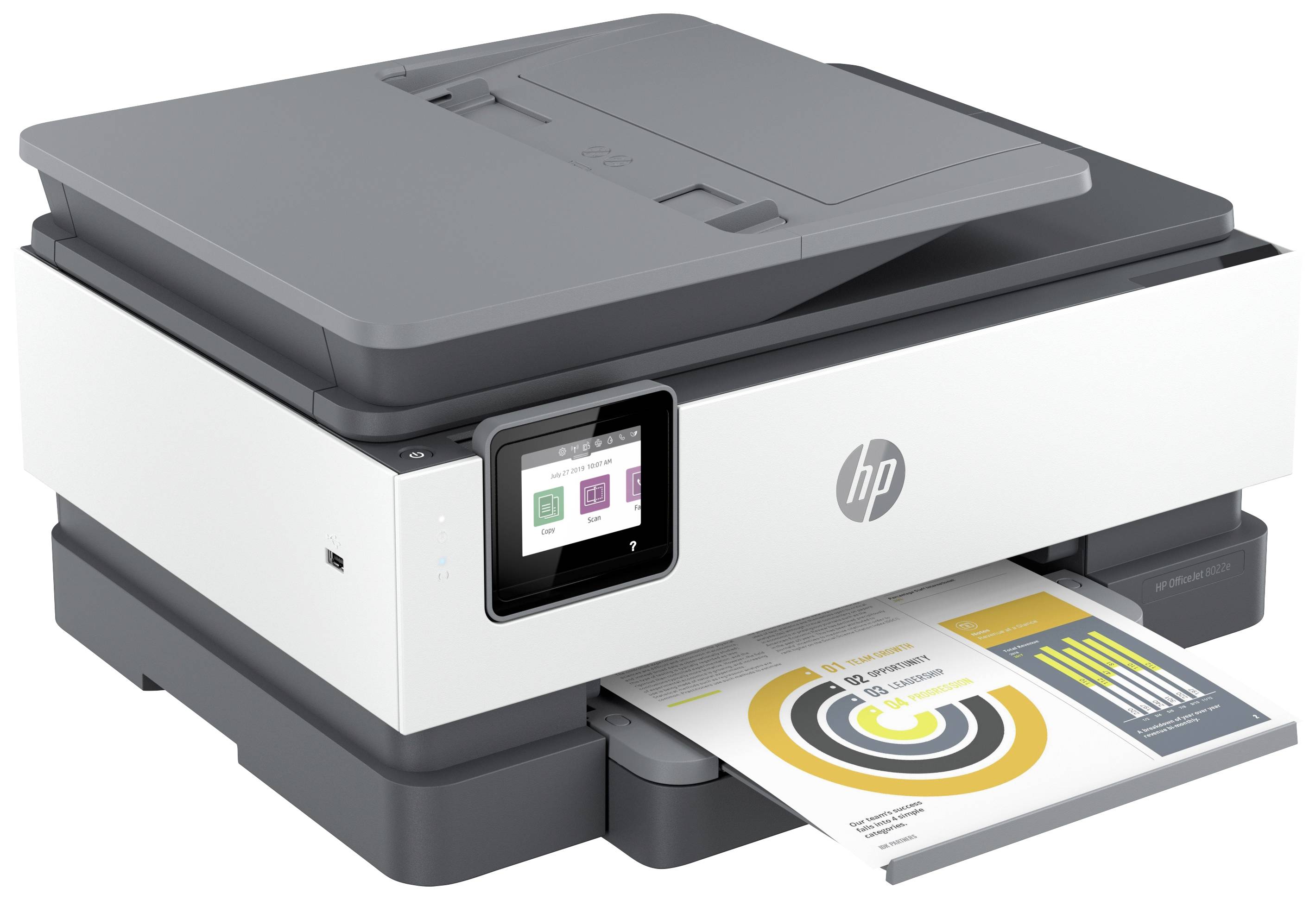 Ein Multifunktionsdrucker mit Scan- und Druckfunktion druckt ein Diagramm. Das Display zeigt Optionen zur Druckereinstellung.
