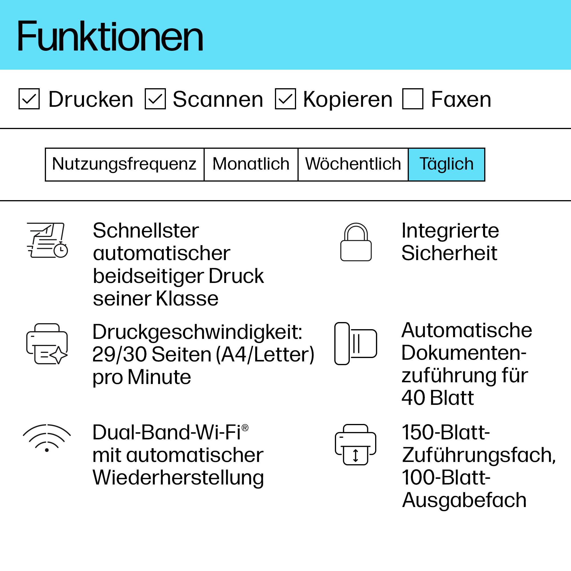 'Funktionen: Drucken, Scannen, Kopieren, Faxen. Optionen zur Nutzungsfrequenz: täglich hervorgehoben. Merkmale: schneller Duplexdruck, 29/30 Seiten pro Minute, Dual-Band-Wi-Fi, integrierte Sicherheit.'