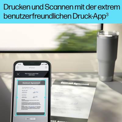 Handy zeigt eine App zum Drucken und Scannen; daneben steht ein Kaffeebecher und eine gedruckte Vereinbarung. Text oben lobt die App.