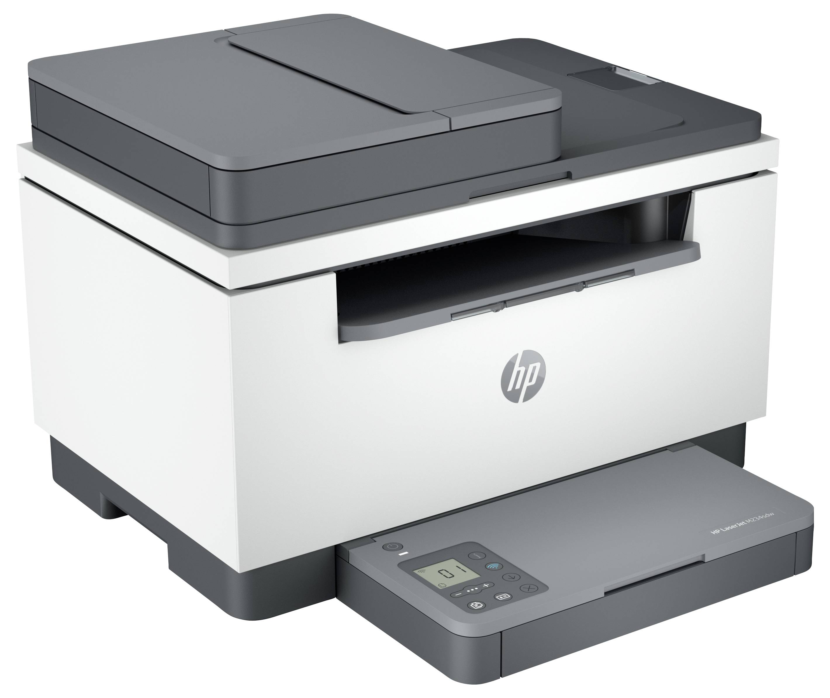 HP-Multifunktionsdrucker mit Scannerklappe und vorderer Papierausgabeschacht, auf weißem Hintergrund dargestellt.