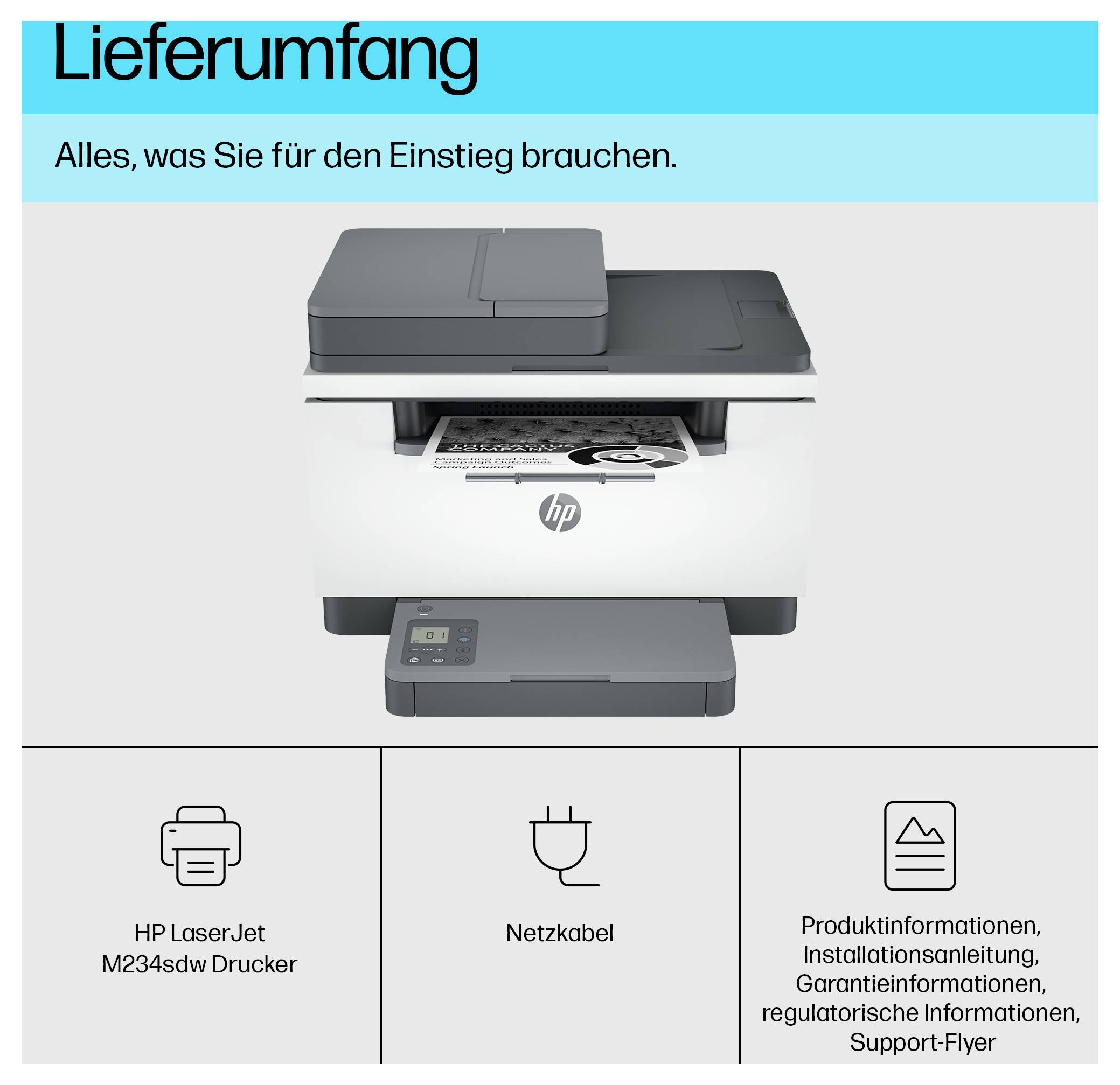 HP LaserJet M234sdw Druckerpaket Inhalt: Drucker, Stromkabel und Produktdokumentation einschließlich Installations- und Garantieinformationen.