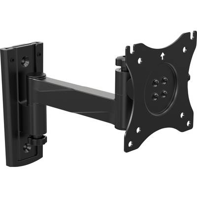 Schwarze Wandhalterung für Monitore und Fernseher, mit schwenkbarem Arm und Lochmustern zur Befestigung.
