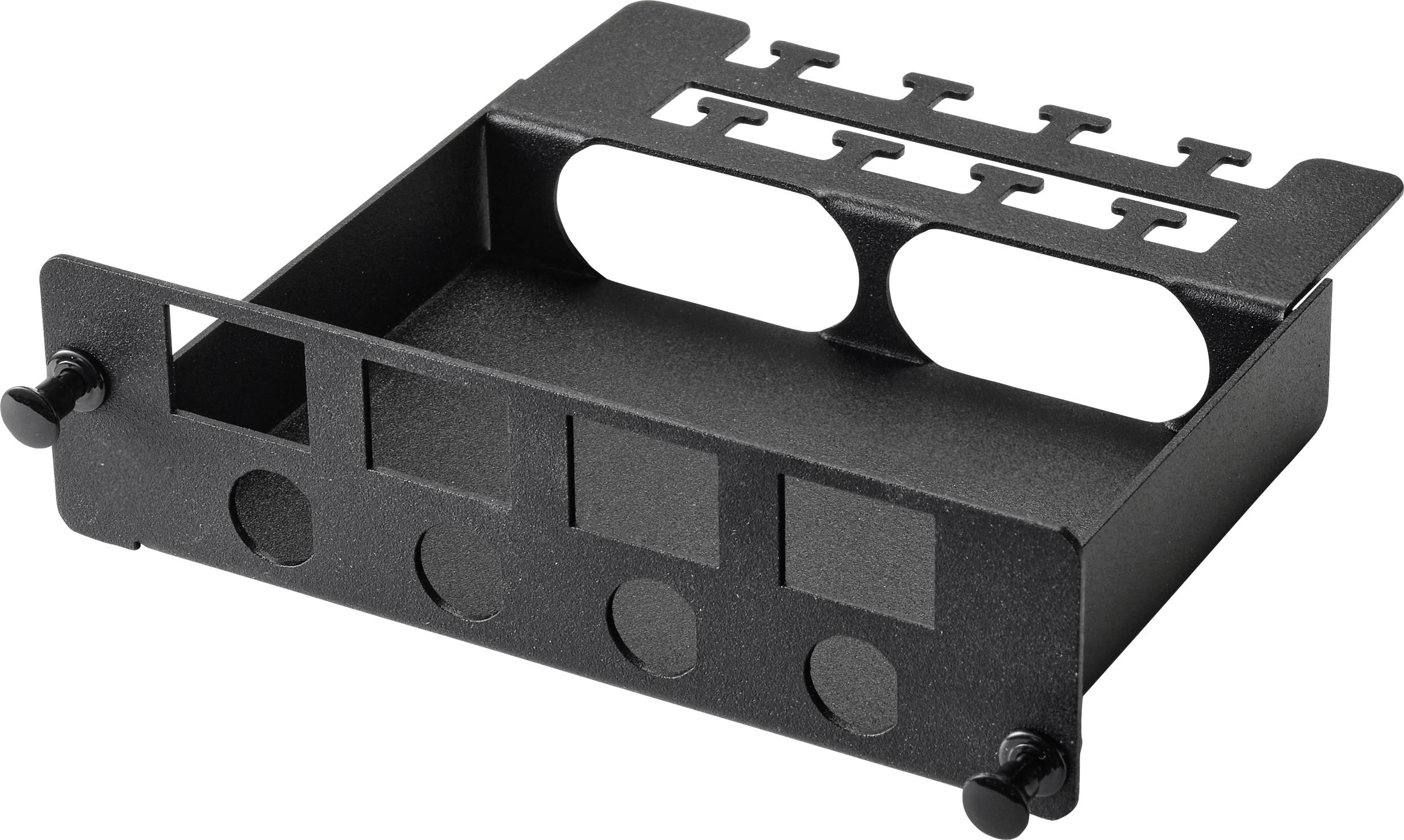 Ein schwarzer Metallhalter für Radiogeräte mit Löchern für Steckverbindungen, geeignet für den Einbau in Fahrzeugarmaturenbretter.