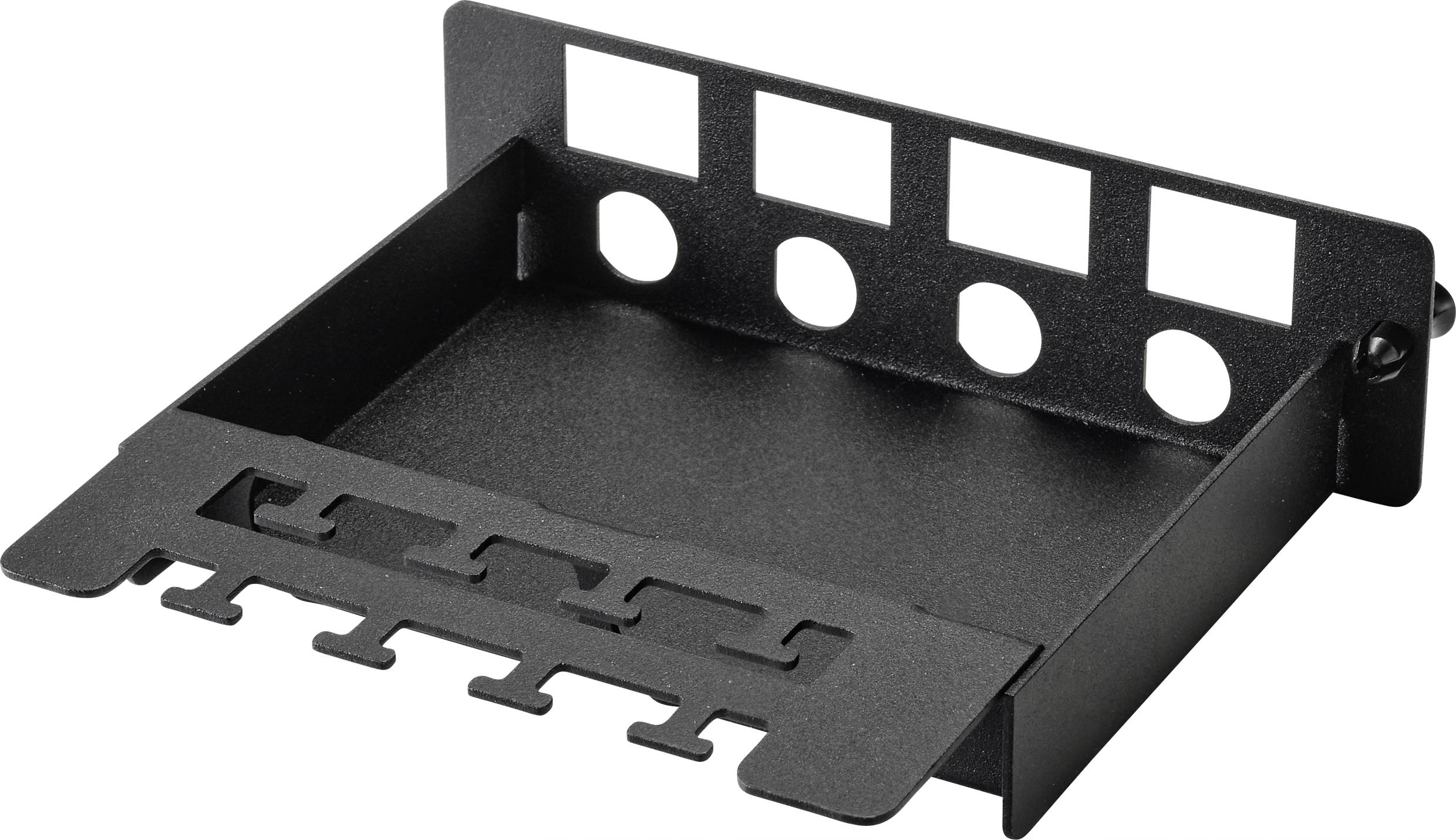 Schwarze Halterung für Kabelmanagement, mit fünf quadratischen und fünf runden Öffnungen, aus Metall. Ideal für geordnete Kabelführung in Netzwerkschränken.