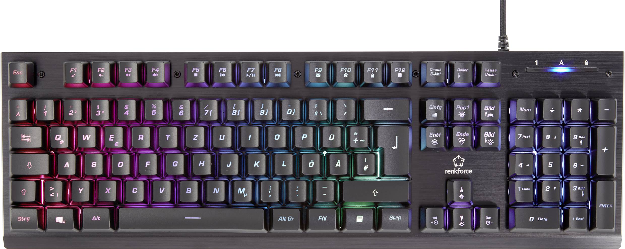 Mechanische Tastatur mit RGB-Beleuchtung, deutsches Layout. Beleuchtete Tasten in verschiedenen Farben, Kabel oben rechts angeschlossen.