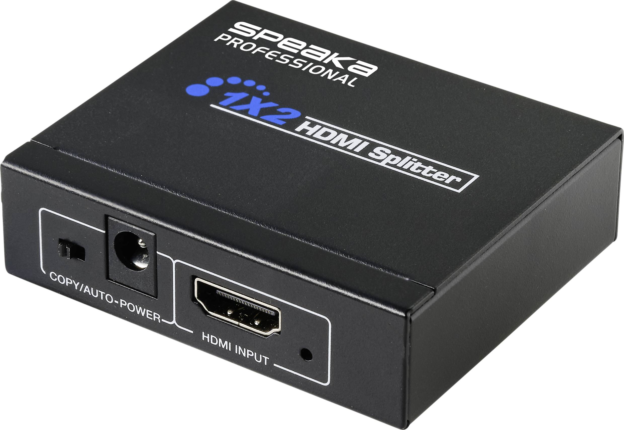 Schwarzer HDMI-Splitter von Speaka Professional mit einem Eingang und zwei Ausgängen, geeignet für den Anschluss mehrerer Bildschirme.