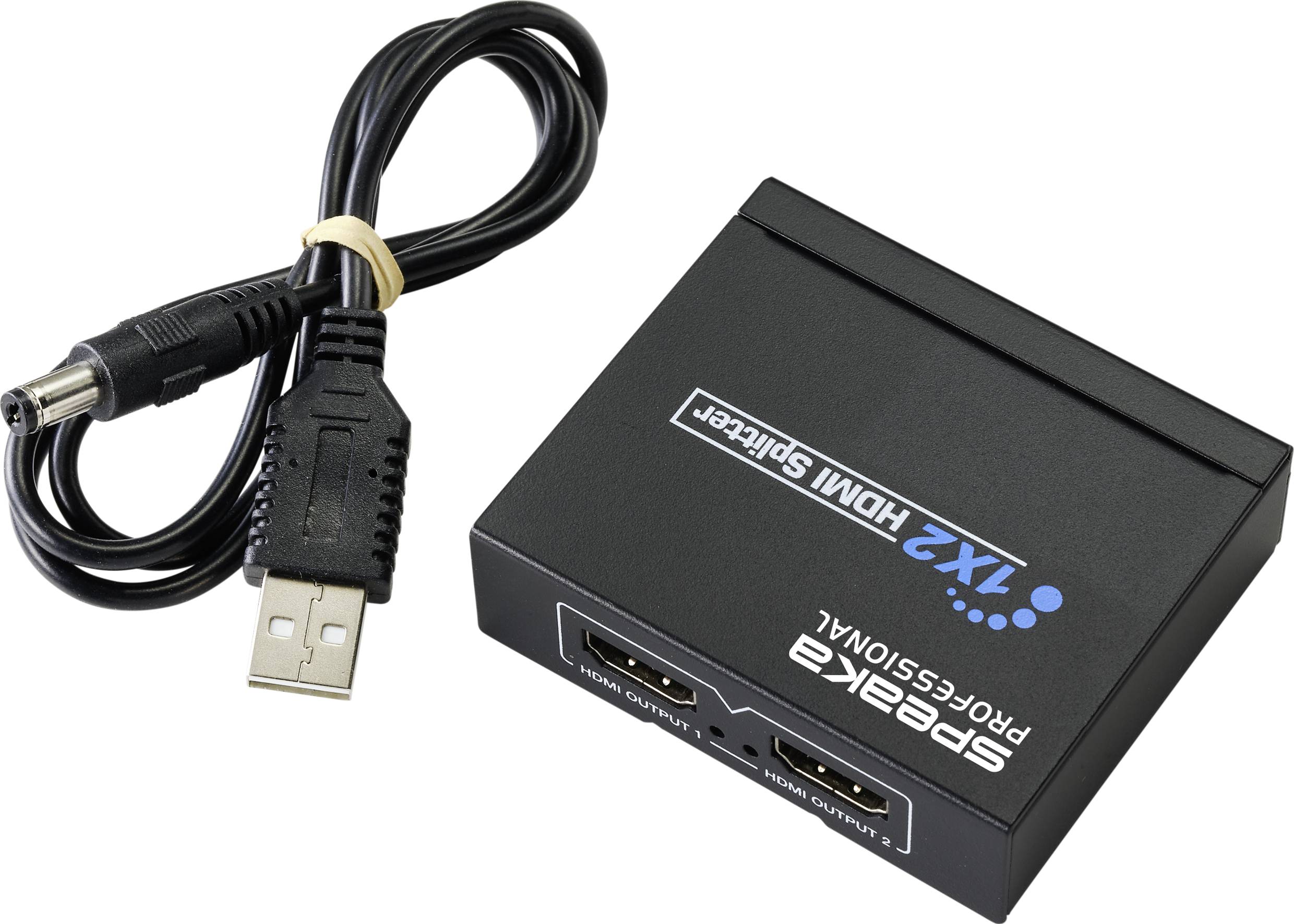 '1x2 HDMI Splitter' und Netzkabel. Gerät teilt Videosignal von einer HDMI-Quelle auf zwei Ausgänge auf.