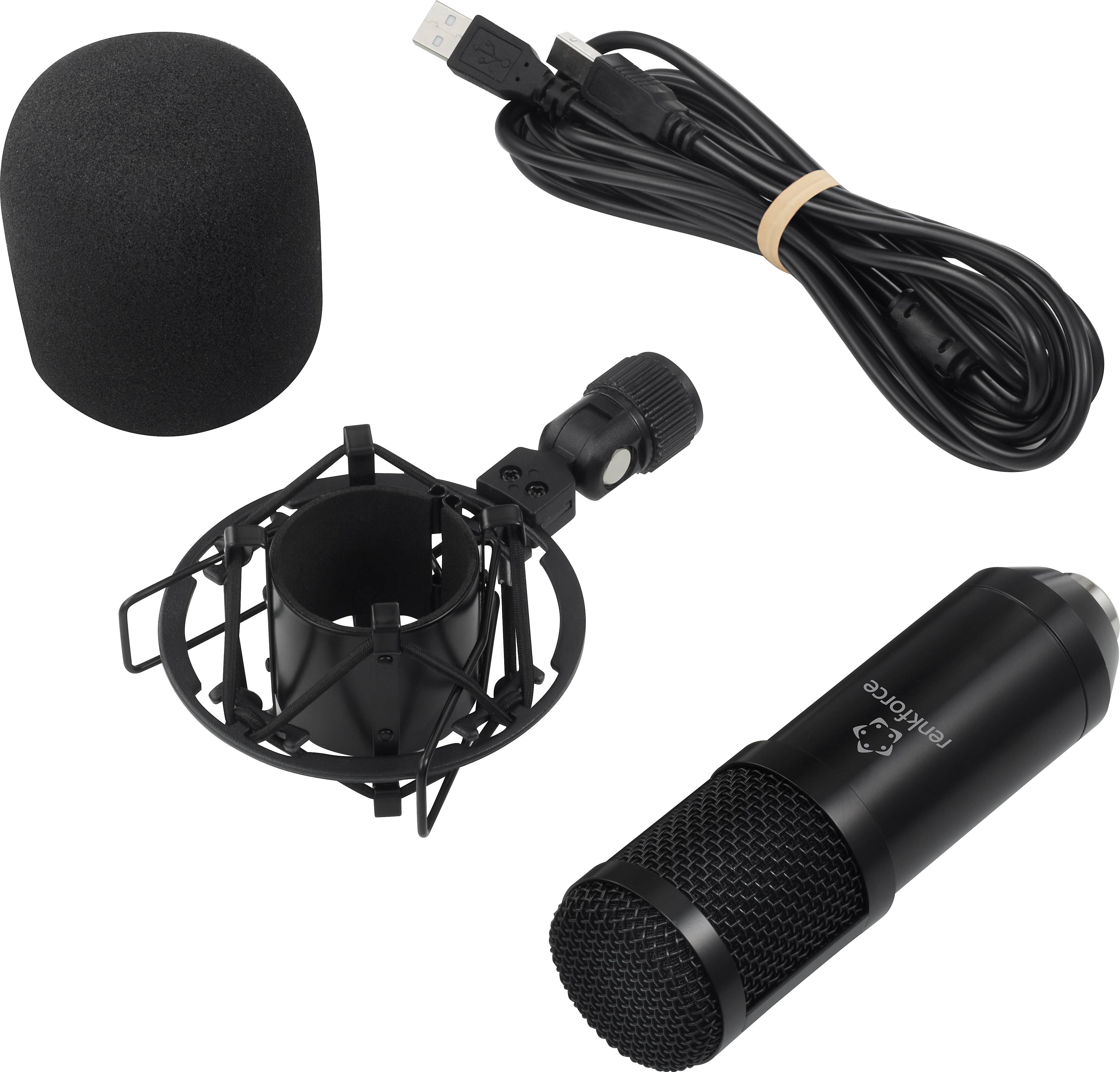Mikrofon-Set mit USB-Kabel, Mikrofonhalterung und Schaumstoff-Abdeckung. Geeignet für Audioaufnahmen oder Podcasts.