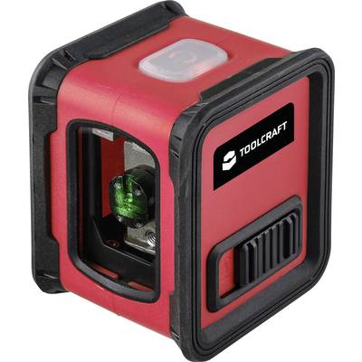 Rotes Lasermessgerät mit schwarzem Gehäuse von Toolcraft, zeigt grünen Laser für präzise Messungen.