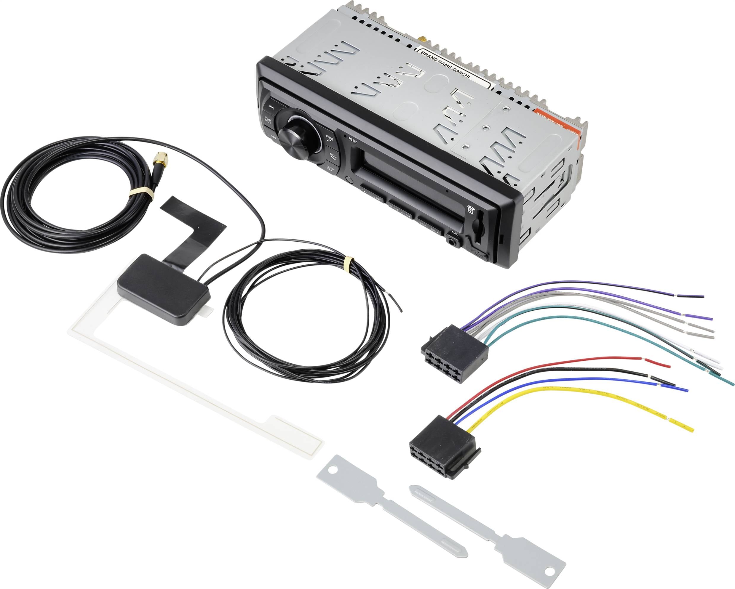 Auto-Radio-Kit mit Kabeln, Halterung und Bedienfeld. Enthält verschiedene Adapter und Kabel für den Einbau und Anschluss im Fahrzeug.