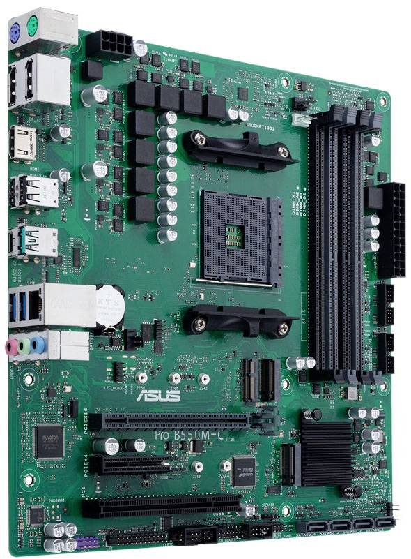 Grüne Computer-Platine mit verschiedenen Chips, Steckplätzen und Anschlüssen, typisch für ein Mainboard einer Desktop-Computer-Hardware.
