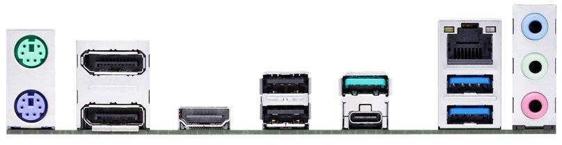 'Rückseite einer PC-Hauptplatine mit verschiedenen Anschlüssen: PS/2, HDMI, USB, Ethernet und Audioanschlüsse.'