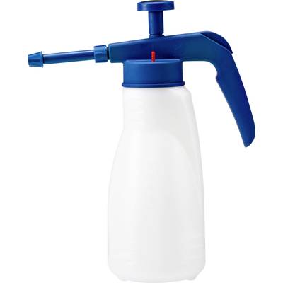Ein weißer Drucksprüher mit blauem Griff und Düse, geeignet für Pflanzenbewässerung.