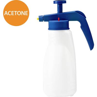 Eine weiße Kunststoffflasche mit blauer Sprühpumpe, gekennzeichnet mit 'ACETONE' in einem orangefarbenen Kreis.