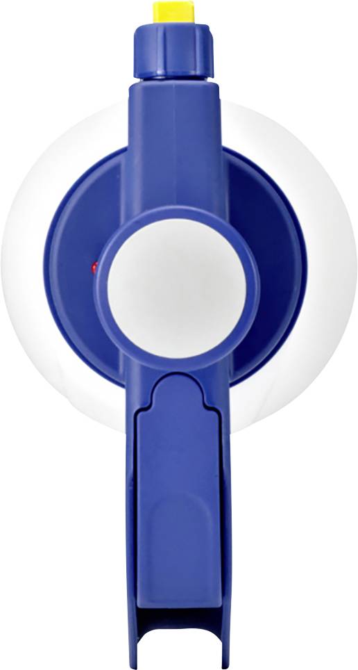 Blau-weißes rundes Gerät mit gelbem Knopf oben, frontalansicht.