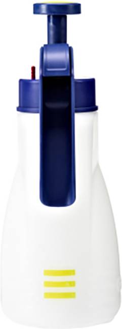 Weißen Sprühflasche mit blauem Griff und Pumpe. Drei gelbe Streifen unten, für Reinigungszwecke oder Pflanzenpflege geeignet.