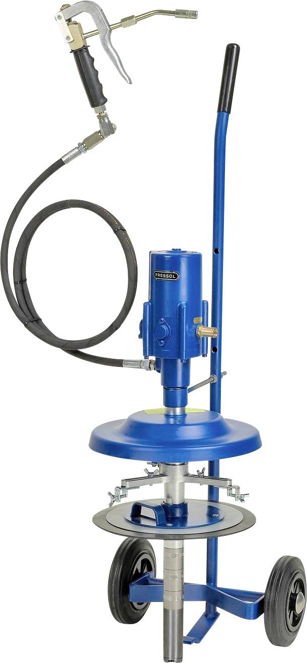 Blauer Hochdruck-Fettschmierer auf Rädern mit langem schwarzem Schlauch und Handpistole.