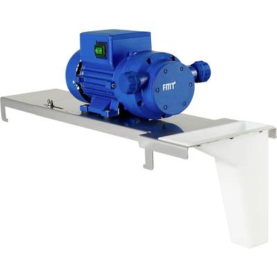 Blauer Industriemotor auf einer Metallplattform, mit seitlich angebrachtem weißem Trichter. Stromschalter ist erkennbar.
