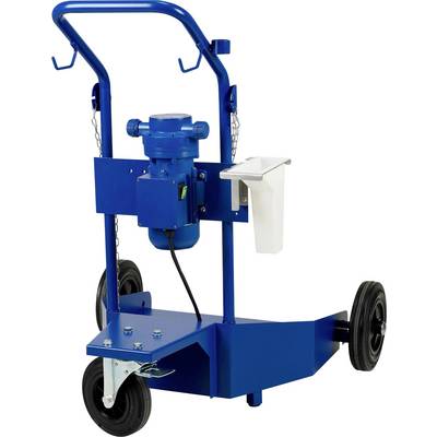 Blauer, mobiler Druckluft-Bohrwagen mit zwei großen Rädern und Griff. Er verfügt über einen Motor und eine weiße Halterung.