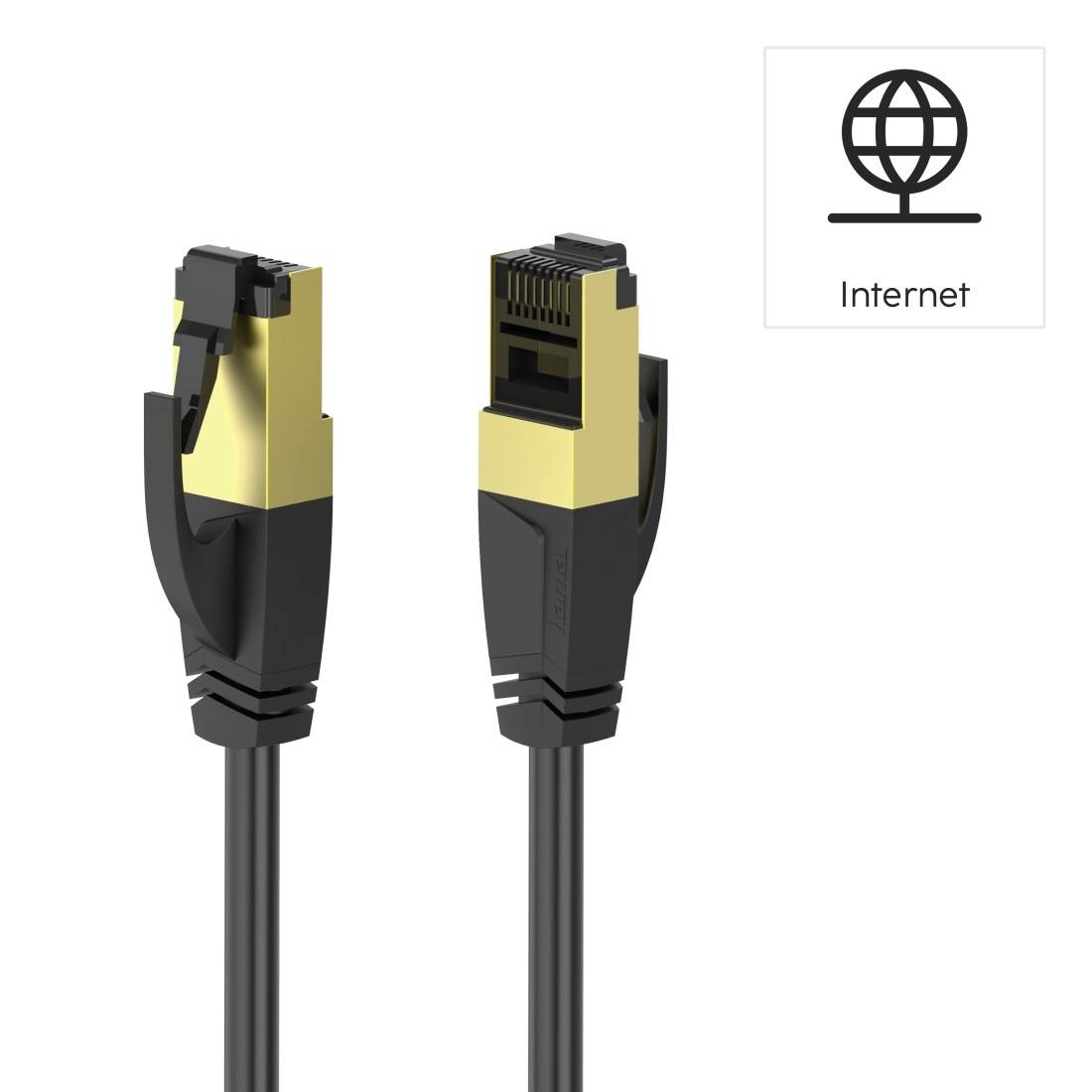 Ein Ethernet-Kabel mit goldenen Steckern zeigt die Verbindung zum Internet. Rechts ist ein Symbol mit der Aufschrift 'Internet'.