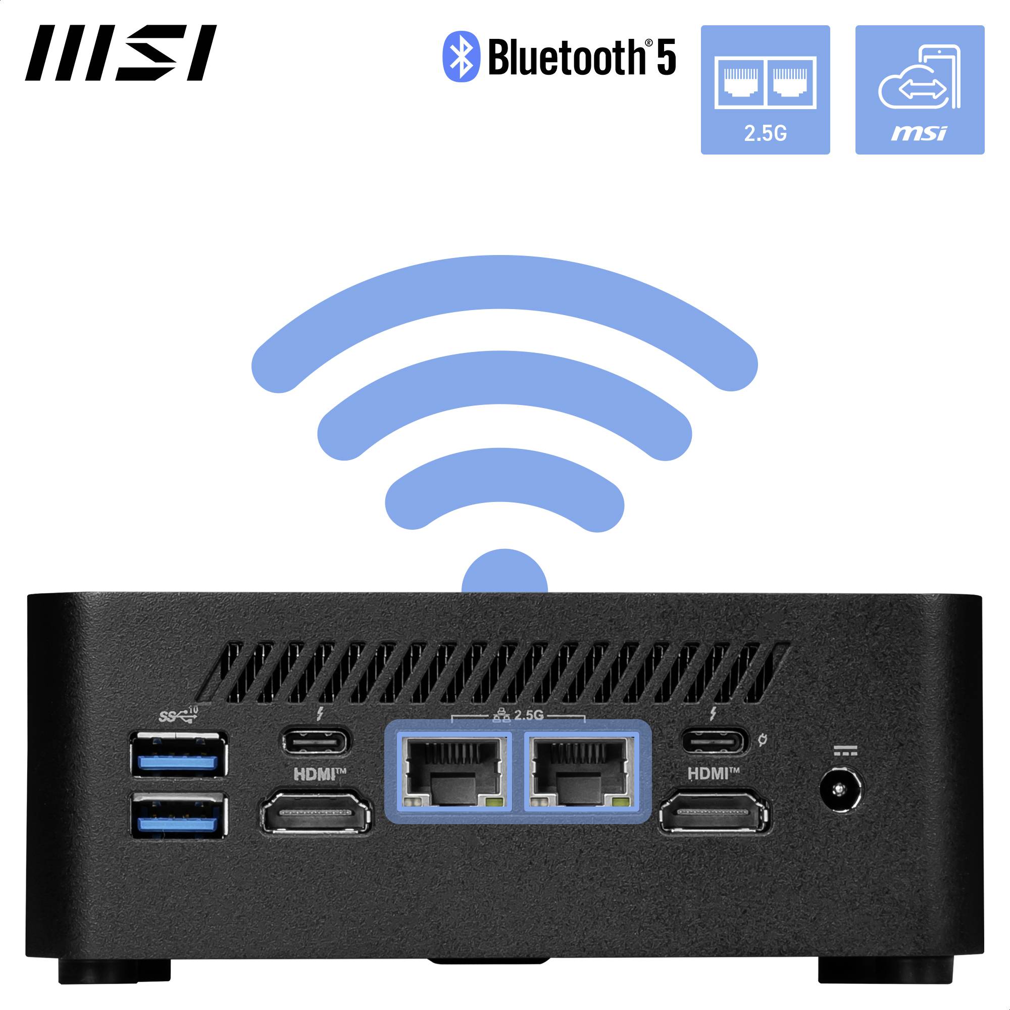 Ein schwarzer Mini-PC mit mehreren Ports auf der Vorderseite, darunter USB, HDMI und Ethernet. Symbole für Bluetooth 5 und 2.5G-Verbindung sind oben dargestellt.