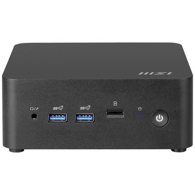 Schwarzer Mini-PC mit Markenlogo, zwei USB-Anschlüssen, Kartenleser und Netzschalter auf der Vorderseite.