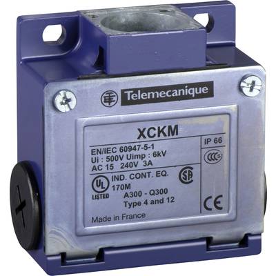 Ein blauer Telemecanique Endschalter XCKM mit Aufschrift 'EN/IEC 60947-5-1', 'Ui 500V', 'Uimp 6kV', 'AC 15 240V 3A', IP66.