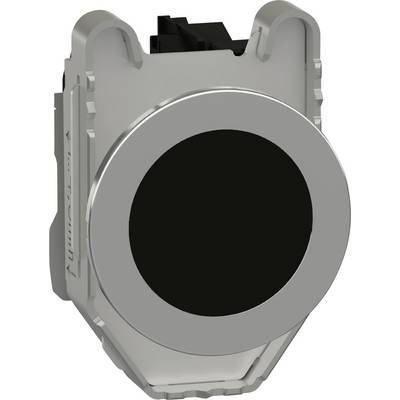 Ein runder, silberner Metallschalter in einer Halterung. Der Schalter hat eine schwarze Oberfläche.