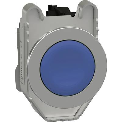 Ein runder, blauer Druckknopf in einer silbernen Fassung, oft zur Steuerung von Maschinen oder Geräten verwendet.
