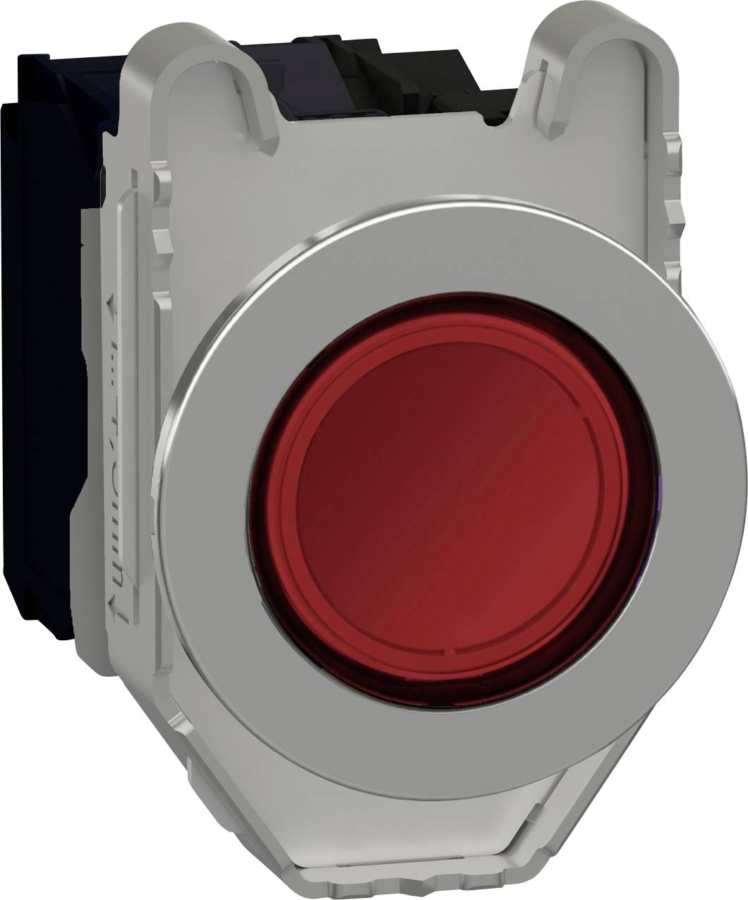 Ein runder roter Knopf auf einem rechteckigen, grauen Gehäuse. Der Hintergrund ist neutral, und der Knopf wirkt hervorgehoben.