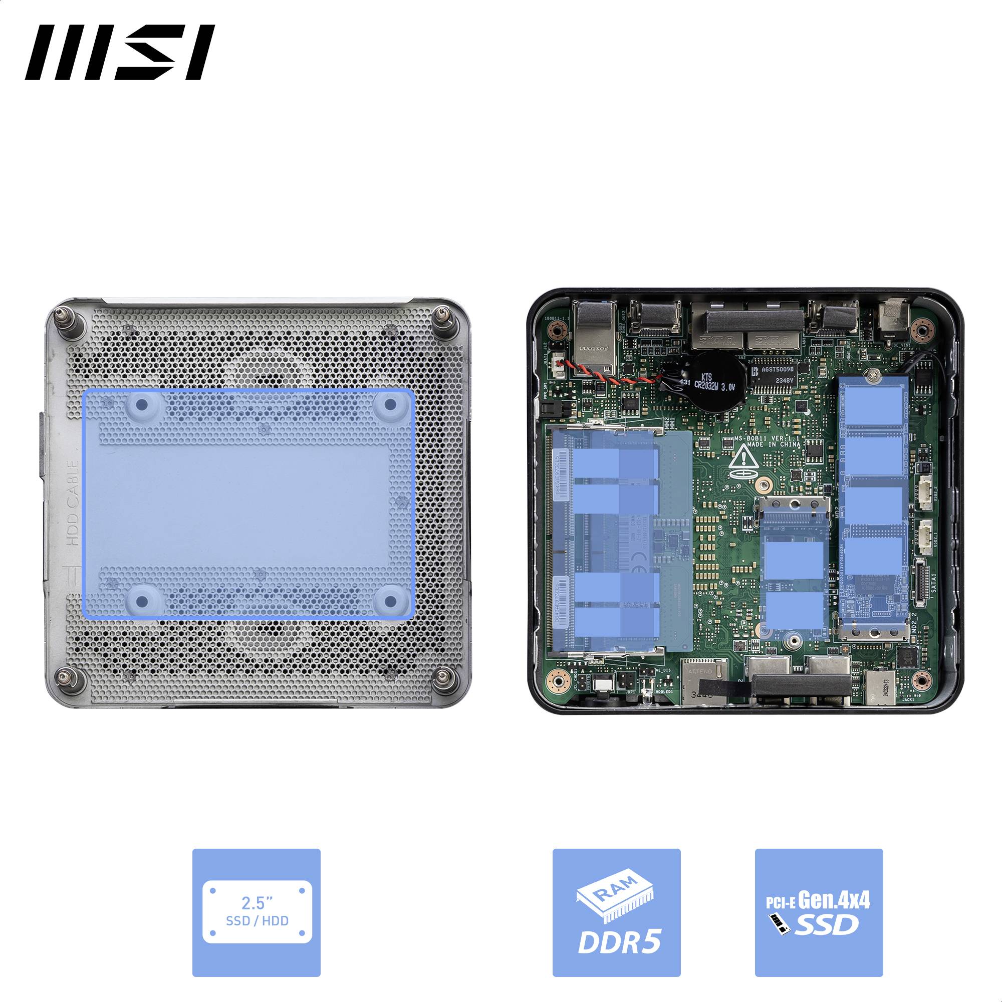 'Zwei MSI-Kleincomputer: rechts offen mit erkennbarer Hauptplatine, links geschlossen. Symbole zeigen DDR5 RAM, 2.5-Zoll SSD, PCIe Gen4x4 SSD-Kompatibilität.'