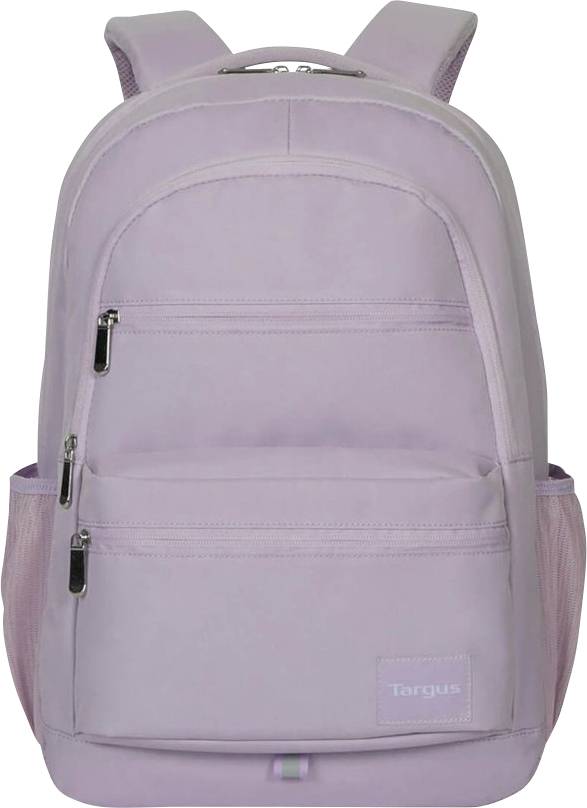 Lila Rucksack mit mehreren Reißverschlussfächern und seitlichen Netztaschen, geeignet für den täglichen Gebrauch oder Reisen.