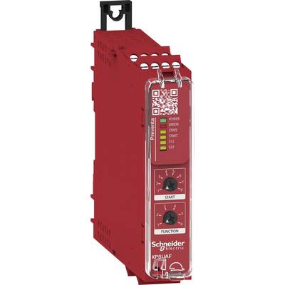 Rotes Sicherheitsschaltgerät mit mehreren Anzeigen, zwei Drehschaltern und Marke 'Schneider Electric'. Anzeigen für 'Power', 'Error', 'State', 'Start', 'S12', 'S22'.