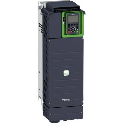 Ein schwarzer Frequenzumrichter von Schneider Electric. Das Gerät hat ein digitales Display und ist mit einem grünen Rand versehen.