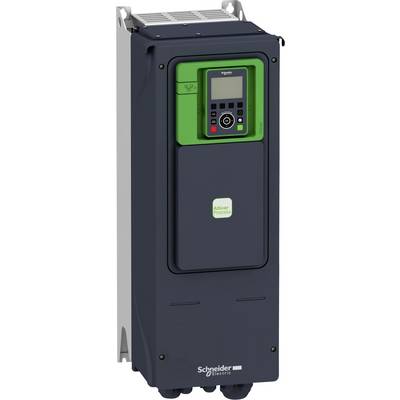 Ein schwarzer Frequenzumrichter mit grünem Bedienfeld und digitalem Display. Markierung zeigt 'Schneider Electric', Modell 'Altivar Process'.