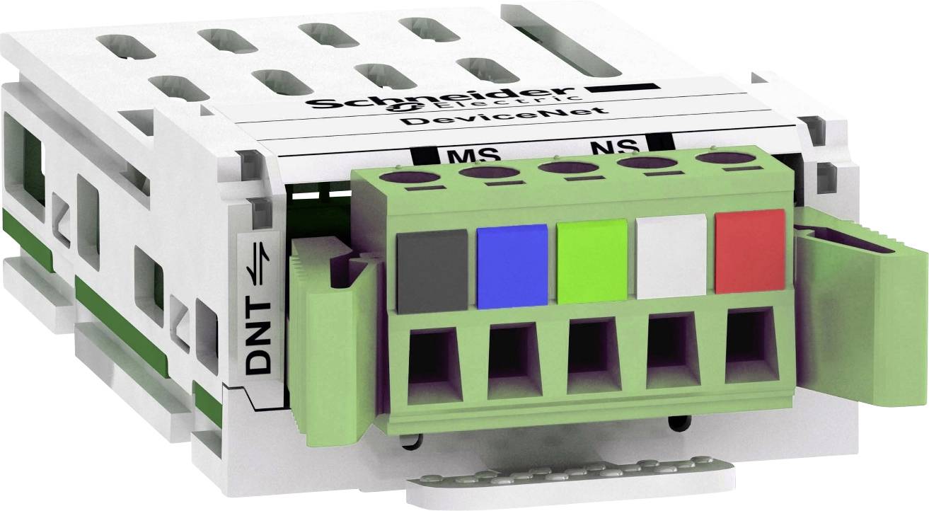 Elektrisches Modul, beschriftet mit 'Schneider DeviceNet', zeigt mehrere farbige Kabelsteckplätze und seitliche Anschlüsse.