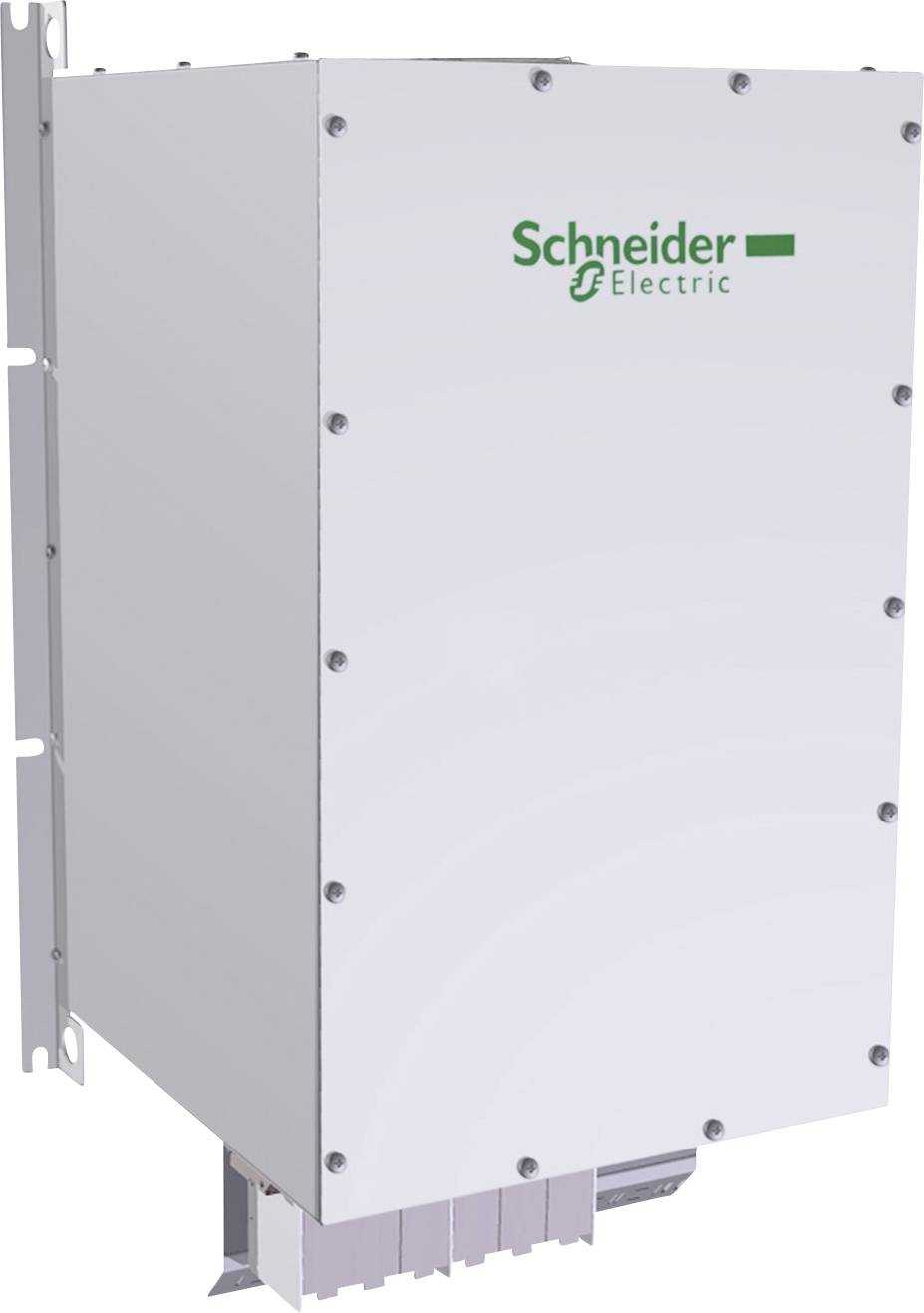 'Schneider Electric'-Markenlogo auf einem weißen elektrischen Gerät, das an der Wand montiert ist.