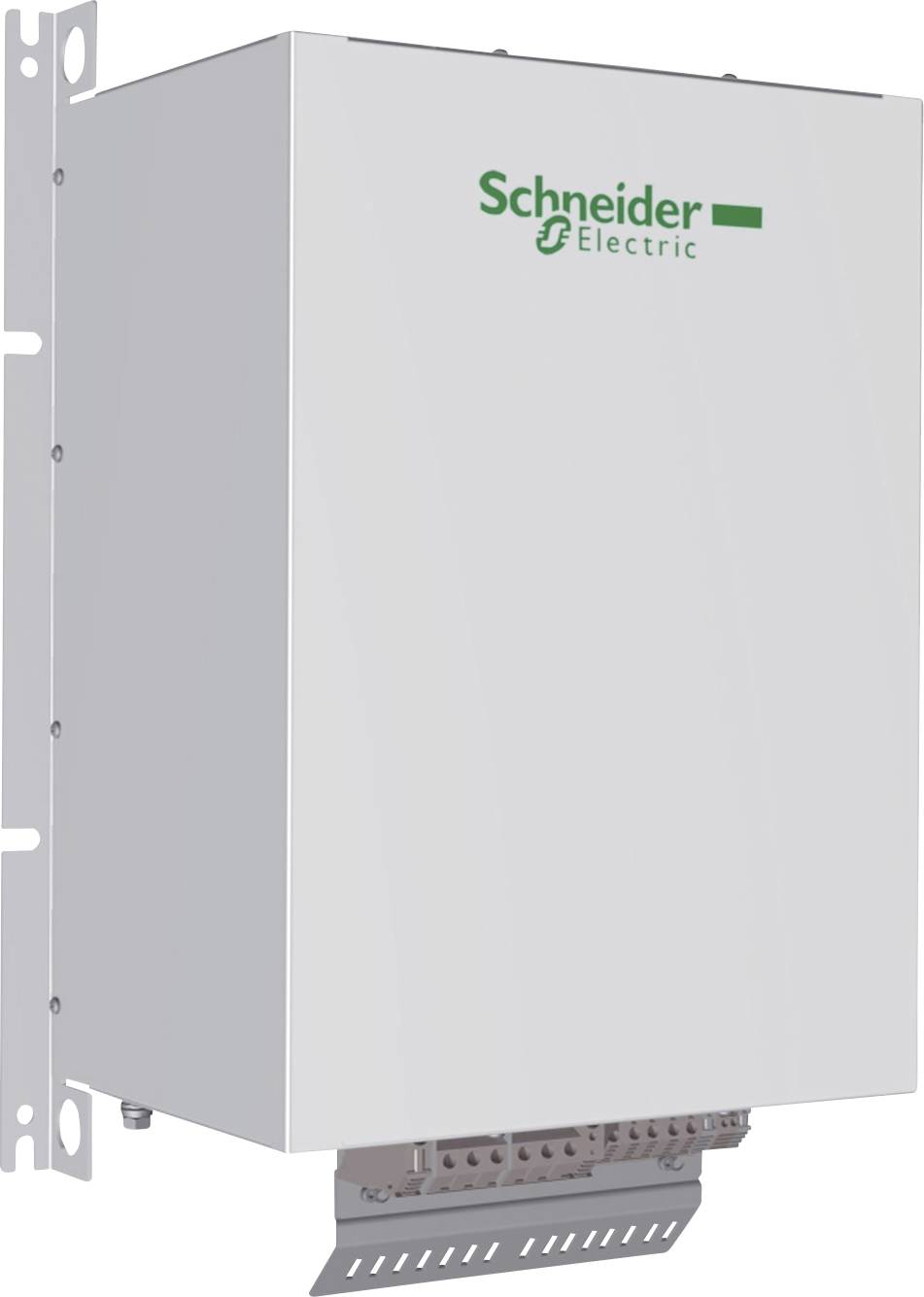 Ein weißes Gerät von Schneider Electric, montiert an der Wand. Es wird wahrscheinlich für industrielle oder technische Anwendungen verwendet.